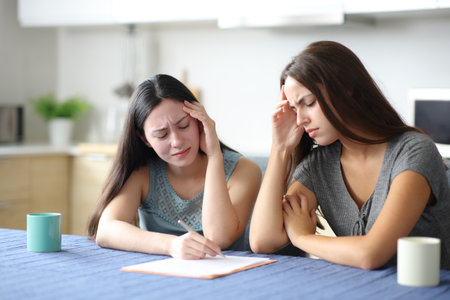 Sad interracial roommates reading contract complaining in the kitchen at homeの写真素材