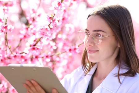 Biologist checking flowers of a tree in a pink fieldの写真素材