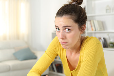 Perplexed woman looking at you sitting at homeの写真素材