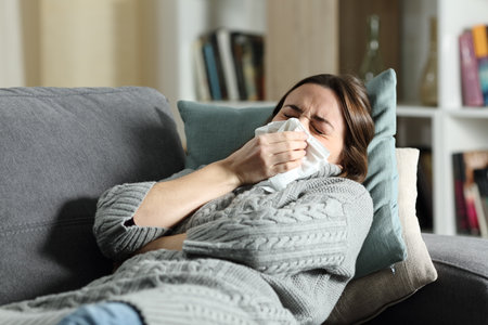 Ill woman blowing nose or coughing using tissue in winter at homeの写真素材