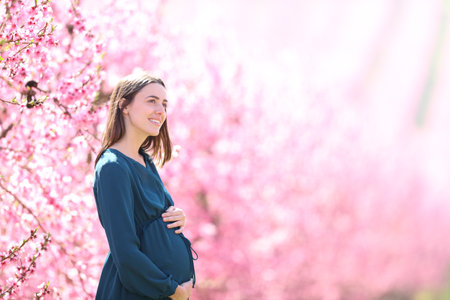 Profile of a pregnant woman contemplating flowered field in natureの写真素材