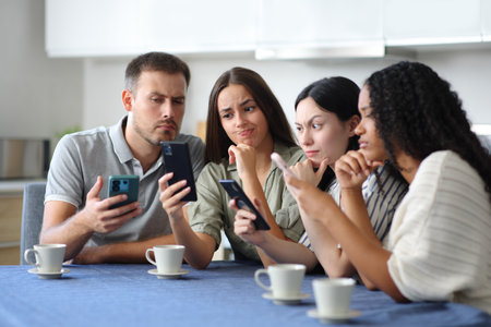 Suspicious group of friends checking phones in the kitchen at homeの写真素材