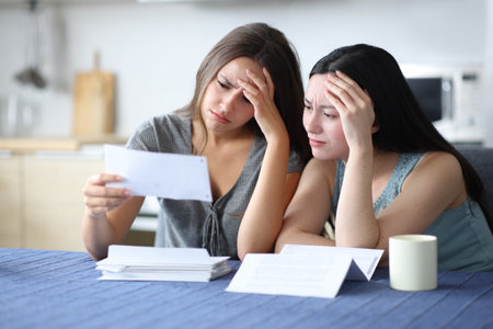 Worried interracial lesbian couple checking bank statement in the kitchen at homeの写真素材