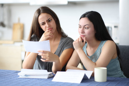 Suspicious couple checking bank statement in the kitchen at homeの写真素材