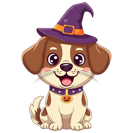 Cute cartoon dog in a witch's hat. Vector illustration.のイラスト素材