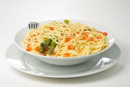 natural fresh spaghetti with tomato sauce and asparagusの写真素材