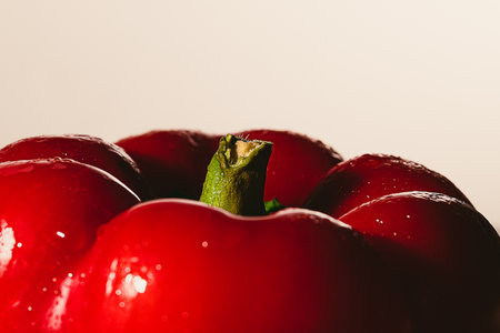 macro detail of stem of a wet red bell pepper, real food.の写真素材