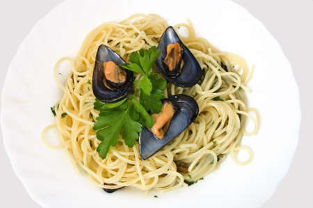 spaghetti with mussels, italian foodの写真素材