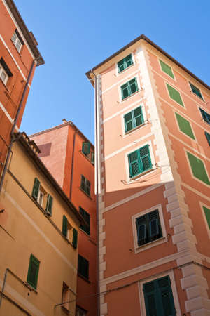 characteristic frescoed homes in Camogli, famous small town in Liguria, Italyの写真素材