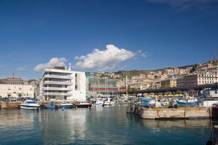 seafront of Genoa from the old port in a sunny dayの写真素材