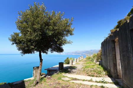 second world war ruins over Mediterranean sea, Liguria, Italyの写真素材