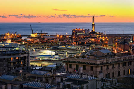 port of Genoa at sunset, Liguria, Italyのeditorial素材