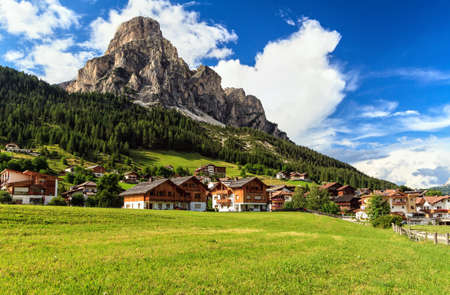 overview of Corvara in Badia town and Sassongher,mount on summer, south Tyrol, Italyの写真素材