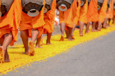 The monks are walking on yellow marigold petals. / The faithful Buddhists are placed for the monks.の写真素材