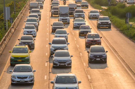 Bangkok Thailand - February 18 :Many cars stands in traffic jam on Rama II road February 18, 2018 in Bangkok, Thailand.のeditorial素材