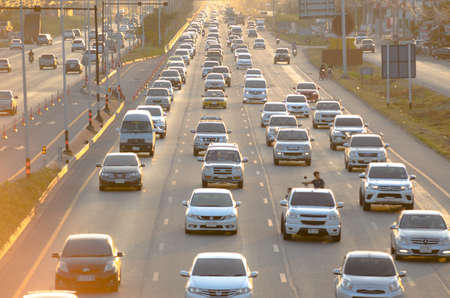 Bangkok Thailand - March 04 :Evening traffic has many cars, making traffic dense on Rama II road March 04, 2018 in Bangkok, Thailand.のeditorial素材