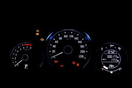 Car digital dashboard display warning lamps illuminated show all signs during system check on engine...