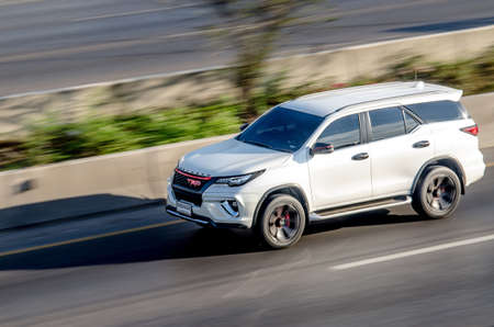 Samut Sakhon Thailand - April 2019 : TOYOTA Fortuner TRD Sport running on the road at Rama II road on April 16, 2019 in Samut Sakhon, Thailand.のeditorial素材