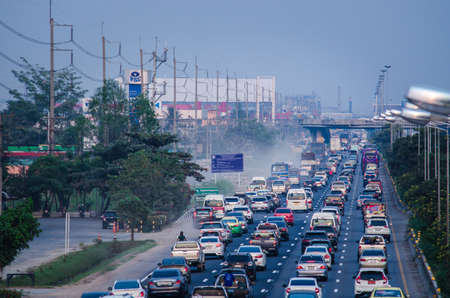 Samut Sakhon Thailand - January 2019 : Cars stands in traffic jam at evening at Rama II road on January 20, 2019 in Samut Sakhon, Thailand.のeditorial素材
