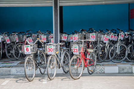 Bangkok - February 2019: Bicycles for rental Parked in the shop on February 3, 2019 in Bangkok, Thailand.のeditorial素材
