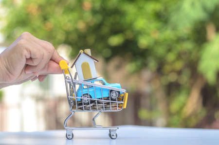 Shopping cart with coins, house, car for retail business. Image use for online shopping, marketing place world wide, business concept.の写真素材
