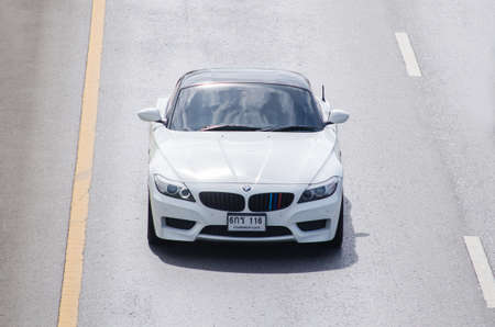 Samut Sakhon, Thailand - June 2019: BMW,  White car running on the Rama II road on June 9, 2019 at...