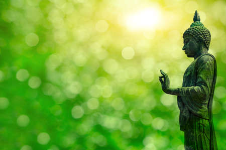 The black metal Buddha statue stands on a natural green background.の写真素材