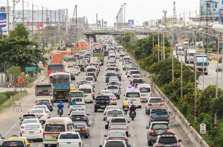 Samut Sakhon Thailand - August 2019 : Cars stands in traffic jam at evening at Rama II road on August 12, 2019 in Samut Sakhon, Thailand.のeditorial素材