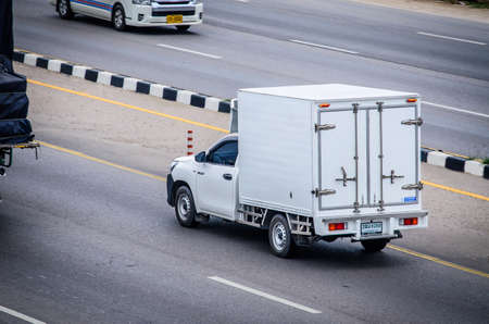 Samut Sakhon, Thailand - August 2019: Small refrigerated trucks for frozen seafood products, photo on 3 August 2019 at Rama 2 Road, Samut Sakhon, Thailandのeditorial素材