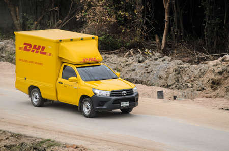 Samut Sakhon Thailand - August 2019 : DHL's small truck runs in the countryside, outside town on...