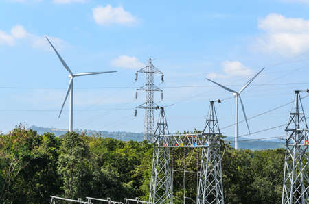 Wind turbine power station on blue sky background.の写真素材