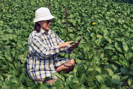 Asian farmer woman holds a digital tablet at an organic vegetable farm to monitor and control the...