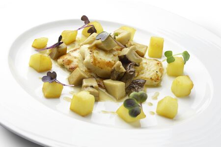 Dish Fish Fillet of turbot with mushrooms and potatoesの写真素材