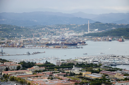 La Spezia, Italy - October 11, 2016: Panoramic view of the port of La Spezia in a cloudy autumn dayのeditorial素材