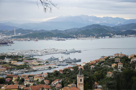 La Spezia, Italy - October 11, 2016: Panoramic view of the port of La Spezia in a cloudy autumn dayのeditorial素材