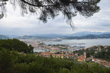 La Spezia, Italy - October 11, 2016: Panoramic view of the port of La Spezia in a cloudy autumn dayのeditorial素材