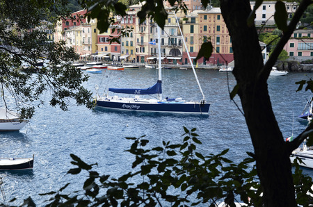 Portofino, Italy - October 11, 2016: Tourist boats moored in the harbor in autumnのeditorial素材