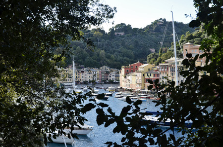 Portofino, Italy - October 11, 2016: Tourist boats moored in the harbor in autumnのeditorial素材