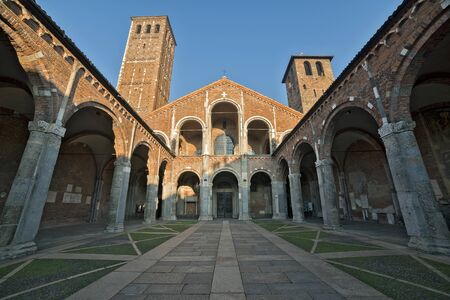 Exterior view of the Basilica of Saint Ambrose facade and porchの写真素材