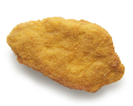 Single Chicken cutlet breaded isolated on white backgroundの写真素材