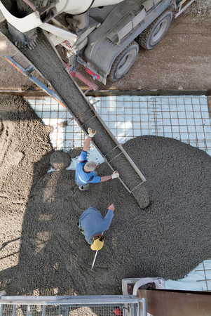 Construction site concrete casting on Reinforcing Bar of industrial floor top viewの写真素材
