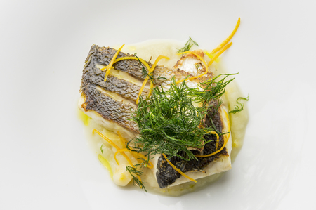 Top view of Fish dish sea bass fillet with fennel cream and citrus fruitの写真素材