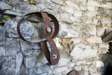 Varenna, Italy - May 9, 2017: Lake of Como, ancient Chastity belt exposed to the castle of Vezioのeditorial素材