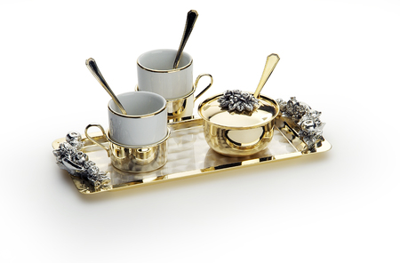 elegant coffee set with sugar bowl cups and trayの写真素材