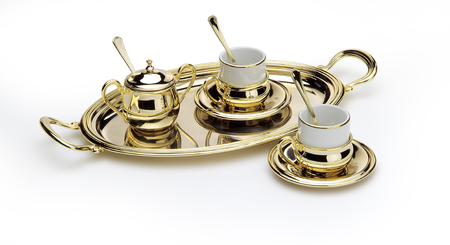 elegant coffee set with sugar bowl cups and trayの写真素材