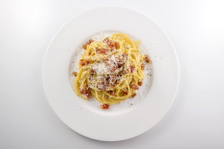 Top view of Pasta dish Spaghetti carbonara with cheeseの写真素材