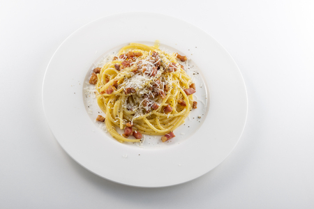 Top view of Pasta dish Spaghetti carbonara with cheeseの写真素材