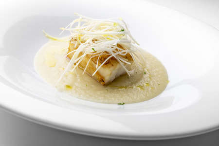 Isolated Fish dish, roasted cod with Verona celery pureeの写真素材