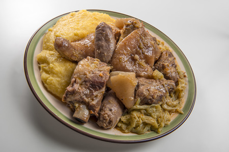 Colored Plate with pork meat and savoy cabbage and polentaの写真素材