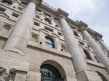 Milan, Italy - May 25, 2019: Mezzanotte Palace facade in Milan Stock Exchange, symbol and heart of...